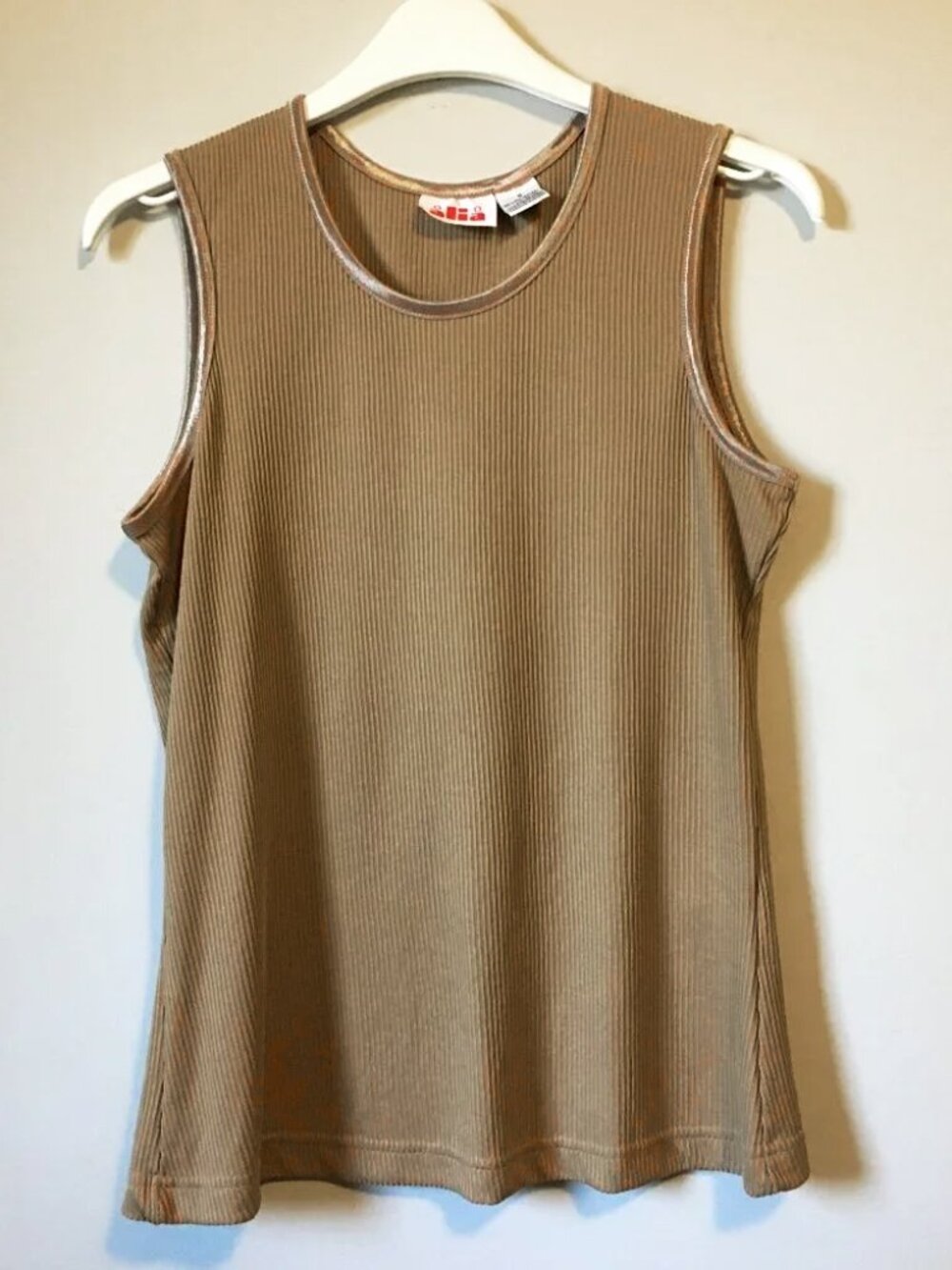 Vintage 80s Alia Camel Shiny Vertically Ribbed Stretchy Tank Top - S